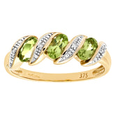 0.74ct Bezel Set Oval Peridot  and Diamond Pave 3 Stone Ring in UK Hallmarked 9ct Yellow Gold